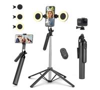 Perche à selfie avec 2 lumières de remplissage, trépied en métal pour téléphone portable, avec télécommande amovible, 180 cm, pour smartphone, compatible avec iPhone, Samsung et smartphones Android