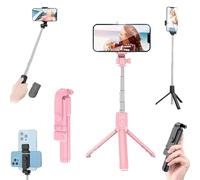 Perche à selfie avec télécommande rechargeable et lumière, trépied portable pour iPhone 17, 16, 15, 69,8 cm, extensible, rotatif à 360°, trépied de téléphone pour enregistrement vidéo (rose)