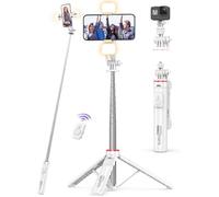 Perche à selfie avec trépied et lumières - ESTAMPILLE - 135 cm extensible - Rotation 360° - Télécommande sans fil