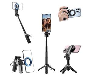 Perche à selfie magnétique 4 en 1 Mini perche à selfie portable avec trépied pour iPhone 17/16/15/14 Samsung Smartphone, perche à selfie avec trépied, télécommande Bluetooth amovible, Vlog de voyage