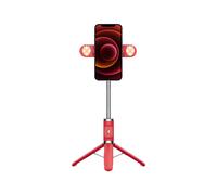 Perche à selfie télescopique avec trépied, modules d'éclairage LED détachables et fonction de déclenchement Bluetooth à dégagement rapide.