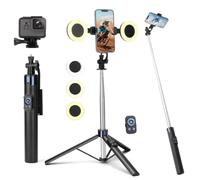 Perche à selfie trépied 180 cm avec 2 lumières de remplissage, support de téléphone portable en métal avec télécommande, trépied pour smartphone compatible avec iPhone et smartphones Android