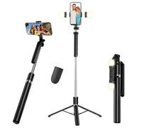Perche à selfie trépied avec 2 lumières de remplissage, télécommande sans fil, rotation à 360°, tout-en-un, portable, trépied extensible de 180 cm, perche à selfie pour iPhone/Samsung/smartphone