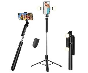 Perche à selfie trépied avec 2 lumières de remplissage, télécommande sans fil, rotation à 360°, tout-en-un, portable, trépied extensible de 180 cm, perche à selfie pour iPhone/Samsung/smartphone