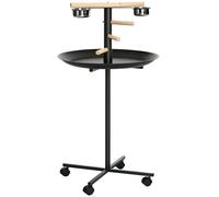 Perchoir Perroquet Mangeoire À Oiseaux Sur Pied Avec 4 Roulettes, Barres En Bois, 2 Mangeoires En Acier Inoxydable, Plateau Rond À Bords Hauts, Ø 60 X 111 Cm, Gris