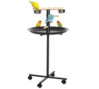 PawHut Perchoir Perroquet mangeoire à Oiseaux sur Pied avec 4 roulettes, Barres en Bois, 2 mangeoires en Acier Inoxydable, Plateau Rond à Bords Hauts, Ø 60 x 111 cm, Gris