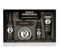 Percy Nobleman, Kit complet d'entretien de la barbe, contenant un adoucissant pour barbe, une huile parfumée, un baume à barbe, un nettoyant à barbe et un peigne pliable en acétate