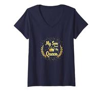 Père du marié : Mon Fils a trouvé sa Reine T-Shirt avec Col en V, Femme, Bleu Marine, L