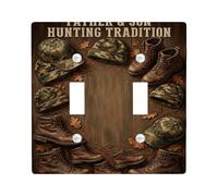 Père-fils Chasse Tradition Bottes Double Interrupteur Plaque | Chapeaux camouflage, fond en bois rustique, style de vie en plein air, thème sauvage, décoration de cabine