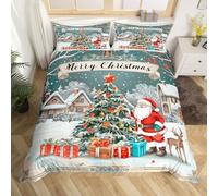 Père Noël 240 x 260 Housse de Couette Garçon Fille Enfant Arbre de Noël Literie Set Bonhomme de Neige Thème d'hiver Parure de Lit Wapiti de Noël Couvre Lit Décorations de Noël Bonne Année Literie