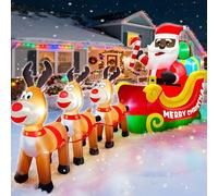 Père Noël gonflable noir de 3,7 m de long dans un traîneau tiré par trois rennes avec boîte cadeau, décorations de Noël afro-américaines avec lumières LED intégrées, décoration de Noël gonflable pour