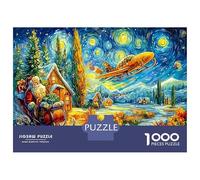 Père Noël Puzzles 1000 Pièces en Carton Village d'hiver sous Un Ciel étoilé pour Amateurs De Puzzles Anti-Stress Amusement par Temps De Pluie 38x26cm/1000pcs