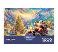 Père Noël sur Moto avec des Cadeaux, Arrière-Plan de Montagne Puzzle De 1000 Pièces Christmas Style Jeu Éducatif Classique pour Le Temps des Puzzles en Famille 70x50cm/1000pcs