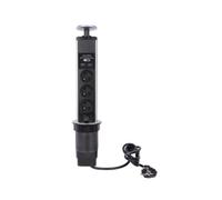 Perel Bloc multiprise escamotable, 3 Prises avec Terre française (Type E), 2 Ports USB, diamètre 71 mm, Usage intérieur, Noir/Gris