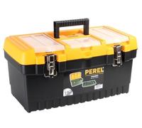 Perel Boîte à outils, polypropylène, avec plateau porte-outils amovible, 3 compartiments dans le couvercle, poignée rabattable et fermetures métalliques, noir/orange, 486 x 267 x 242 mm