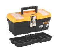 Perel Boîte à outils 6,8 L compacte avec bac amovible, 2 organiseurs dans le couvercle, fermeture métallique, poignée rabattable, noir orange 32 x 15,5 x 13,9 cm
