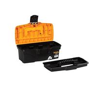 Perel Boîte à outils 7,1 litres, coffret de rangement compact avec bac amovible, fermeture plastique, poignée rabattable, noir orange 32 x 16,5 x 13,6 cm