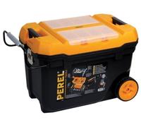 Perel Boîte à outils sur roues, polypropylène, avec plateau porte-outils amovible, fermetures métalliques, rainure en V et 2 compartiments dans le couvercle, poignée télescopique, noir/orange, 595 x