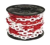 Perel Chaîne barrière rouge blanc 25 m en rouleau, chaîne de sécurité en plastique pour l’intérieur et l’extérieur, chaîne de marquage pour chantier, zone de stationnement, entrepôt, terrain ou