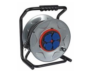 Perel Enrouleur de câble professionnel, dérouleur câble, rallonge électrique étanche, rallonge extérieure, 4 prises terre française avec clapets, système anti-torsion, 40 m, 3G2.5, gris/noir