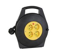 Perel Enrouleur de câble, usage intérieur, 4 prises avec terre française, disjoncteur thermique, 10 m, 3G1.5, noir/jaune
