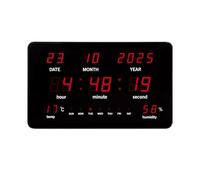 Perel Horloge mural numérique noir, grand écran LED 37.5x25.5cm, LED rouges, horloge numérique avec calendrier, heure, date, température et humidité, thermomètre et hygromètre, pour bureau, atelier et