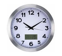 Perel Horloge murale pendule analogique 35 cm aluminium argenté LCD thermomètre hygromètre DCF
