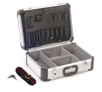 Perel Mallette à outils vide, valise outils vide, mallette de rangement, valise transport, compartiments individuels, poches à outils, verrouillable, 2 clés incl., aluminium, bandoulière, gris, 460 x