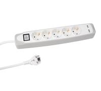 Perel Multiprise avec Interrupteur, 5 Prises Schuko (Type F) avec Protection Enfant, 2 Ports USB, câble H05VV-F 3G1.5 de 1,5 m, 3500 W, IP20, Blanc, 16 A, 230 V