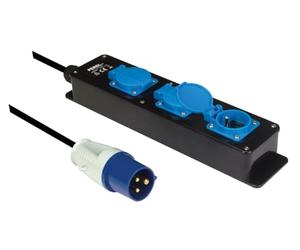 Perel Multiprise extérieure, 3 Prises Type E avec Capuchons, Prise CEE, câble néoprène 3 m H07RN-F 3G2.5, IP44 étanche, adaptée pour Jardin, Atelier et Chantier, Noir-Bleu