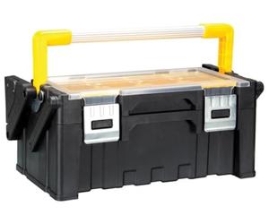 Perel Organiseur à outils 21 L avec 12 compartiments et 2 niveaux, boîte à outils cantilever avec poignée aluminium et fermetures métalliques, rangement vis boulons petites pièces, 45,5 x 24 x 20 cm