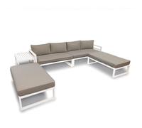 Perel Salon de jardin aluminium gris, ensemble de jardin 8 personnes avec table d’appoint, coussins d’assise et de dossier