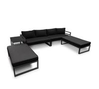 Perel Salon de jardin aluminium noir, ensemble de jardin 8 personnes avec table d’appoint, coussins d’assise et de dossier