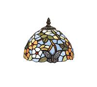 Perenz Abat-jour Tiffany modèle T1002U en verre coloré multicolore floral rond nacre colorée avec décoration de fleurs et de papillons, diamètre 20 cm x hauteur 14 cm