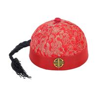 Perfeclan Chapeau Oriental Chinois avec Queue de Cheval, Casquette de Costume de fête Traditionnelle Qing, Chapeau d'empereur Chinois pour fête costumée, Rouge 56cm
