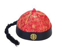 Perfeclan Chapeau Oriental Chinois avec Queue de Cheval, Casquette de Costume de fête Traditionnelle Qing, Chapeau d'empereur Chinois pour fête costumée, Rouge Noir 56cm