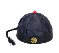 Perfeclan Chapeau Oriental Chinois avec Queue de Cheval, Casquette de Costume de fête Traditionnelle Qing, Chapeau d'empereur Chinois pour fête costumée, Noir 56cm