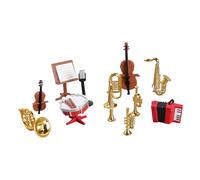 perfeclan d'instruments de musique miniatures pour maison de poupée (échelle 1/12) : violoncelle, micro, trompette et tambour.