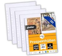 perfect line 100 pochettes transparentes de rangement pour collections, DIN A4, pochettes perforées translucides, divisées en 4 compartiments A6, pochette plastique incolore avec ouverture en haut
