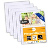perfect line 100 pochettes transparentes de rangement pour collections, format A4, perforées translucides, divisées en 2 compartiments (A5-paysage), pochette plastique incolore avec ouverture en haut