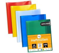 perfect line - 15 protège-cahiers DIN A4 - 5 couleurs, transparent, extra résistant - Enveloppes transparentes en polypropylène recyclable, indélébile, sans acide, durable - Protège-cahier pour