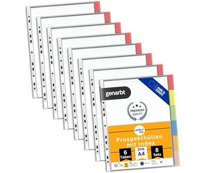Perfect Line - 48 Pochettes Perforées DIN A4 Index - 8 x 6 Onglets - Solides, Transparentes, Qualité Supérieure - Onglets Colorés Interchangeables - Indélébile, Sans Acide
