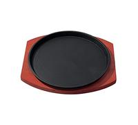 perfk Assiette à Steak en Fonte/Taille personnelle Ronde avec Base en Bois grésillement Viande Fruits de mer poêle à Griller grésillement Plaque, 23CM