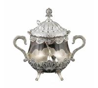 perfk Sucrier Élégant Récipient à Sucre Bol avec Couvercle Finition Gravée Poignées Embellies Pieds Sculptés en Verre et Métal Adapté pour Service Table Salle à Manger Organisation Maison, Argent