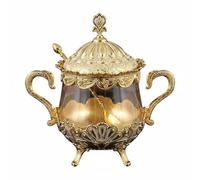 perfk Sucrier Élégant Récipient à Sucre Bol avec Couvercle Finition Gravée Poignées Embellies Pieds Sculptés en Verre et Métal Adapté pour Service Table Salle à Manger Organisation Maison, Doré
