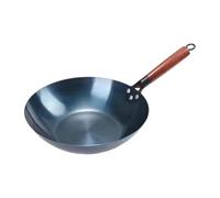 perfk Wok en fonte non revêtue, fabriqué à la main avec manche en bois, wok traditionnel chinois résistant à la rouille, à fond plat, 32 Cm