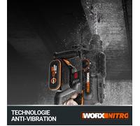 WORX Nitro - Perforateur sans fil 20V - Force de Fappe de 2J - Pour le Perçage, Perçage à Percussion et Burinage - 22mm Béton - Moteur Brushless - 3 Forets - Livré sans Batterie ni Chargeur - WX381.9