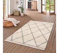 Tapis Shaggy - PERGAMON - Modèle Boho - 120x170 cm - Motif diamant créme - Synthétique