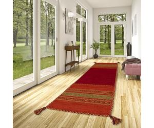 Pergamon Navarro Couloir Rouge Orange - Tapis Kilim tissé à la Main en 100% Coton, Design Traditionnel, Durable et Facile à Entretenir, idéal pour couloirs, Salon et entrée, Tapis Intemporel