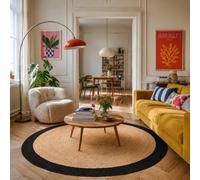 Pergamon Tapis Rond en Jute Salsa - Fait Main en Fibre Naturelle résistante - Design Simple avec Bordure Noire - Différentes Tailles Disponibles